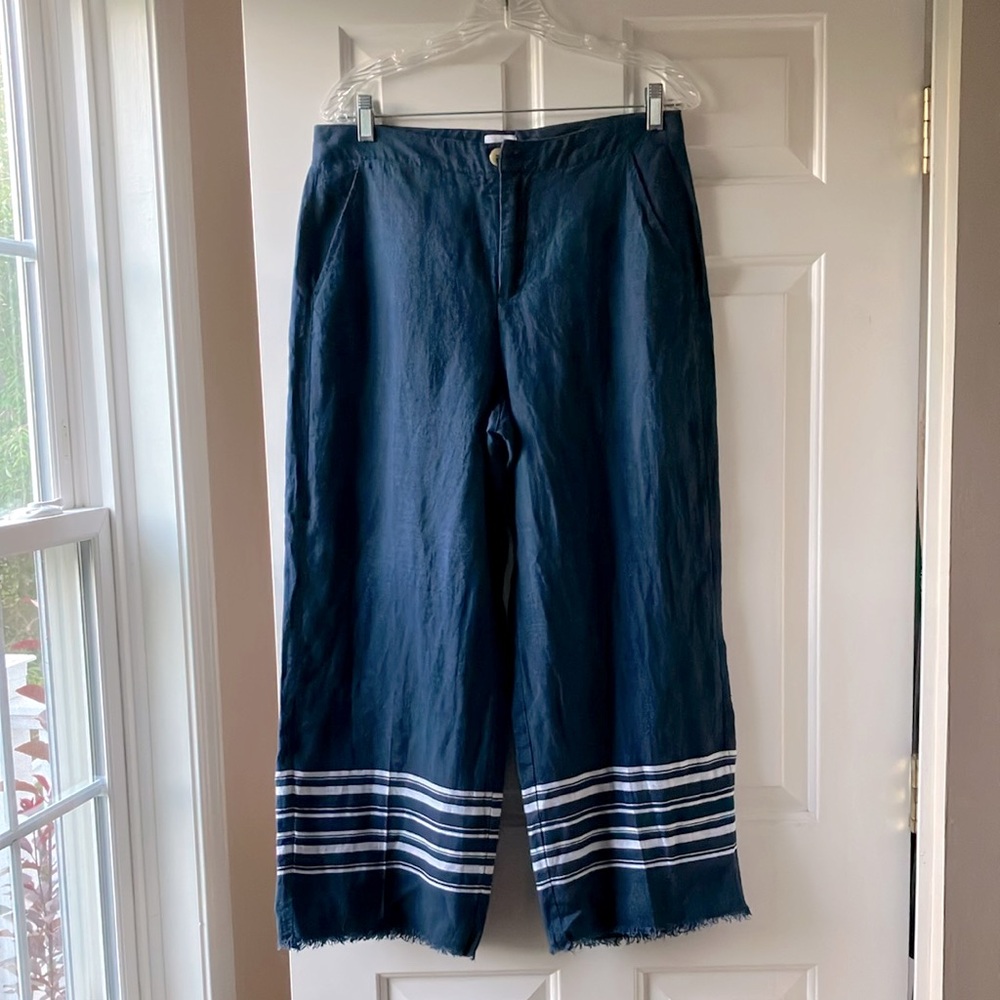 ECRU Linen Cropped Wide Leg Pant linen Cotton Blend Navy & White Size 8
